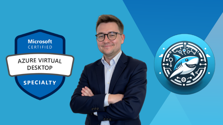 A man in a suit stands with his arms crossed, smiling. He is wearing a dark suit and has a logo for Microsoft Certified Azure Virtual Desktop Specialty visible in the background. The setting appears professional and business-oriented.