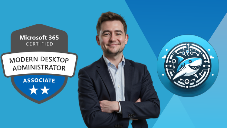 A man in a suit with his arms crossed, smiling, representing the Microsoft 365 Certified Modern Desktop Administrator Associate program.