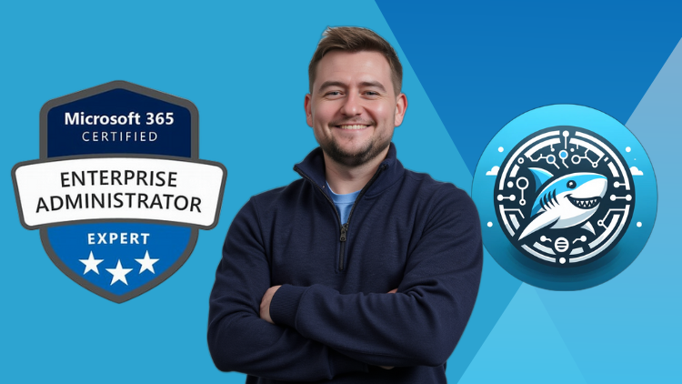 A man with his arms crossed, smiling, wearing clothing in an electric blue color. The background includes text that reads "Microsoft 365 Certified Enterprise Administrator Expert," along with a logo and trademark symbols.