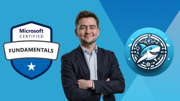 A man in a suit with his arms crossed, smiling, standing in front of a Microsoft Certified Fundamentals logo.