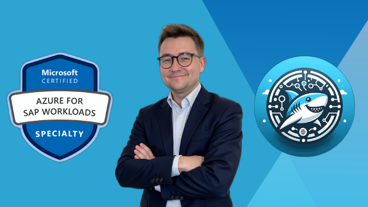 A man in a suit with his arms crossed, smiling, with the text "Microsoft CERTIFIED AZURE FOR SAP WORKLOADS SPECIALTY" displayed nearby. The image includes elements of a logo and branding related to business.
